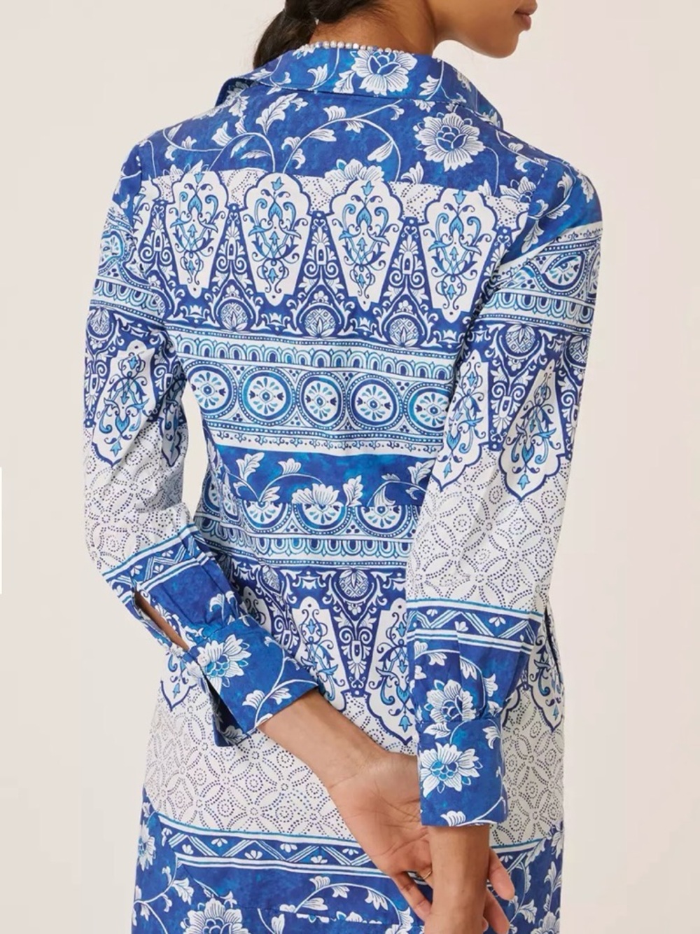 Anthro Blue White Tile Print Shirt Dress XS Button Down Coastal Preppy Chic - Picture 4 of 12